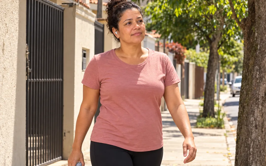 Mulher caminhando na calçada do bairro depois do almoço, com garrafa de água