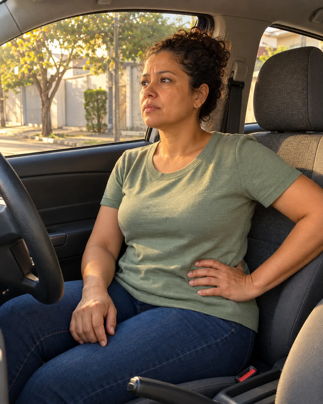 Mulher sentada no carro, no fim da tarde, com a mão na cintura antes de voltar pra casa