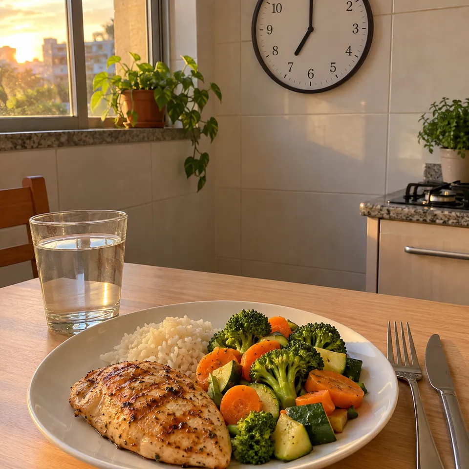 Prato leve na mesa da cozinha com o relógio de parede marcando 19h