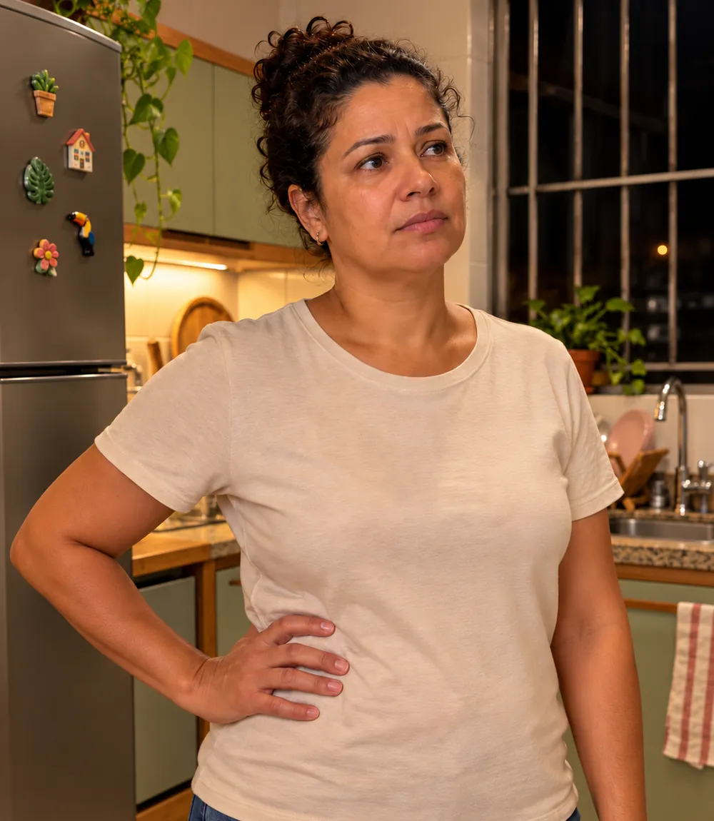 Mulher na cozinha à noite com a mão na cintura